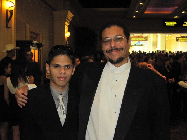 Composer Alfonso Fuentes with his son, Alfonso Joel Rakmani, at Mandalay Bay Hotel in Las Vegas, November 5, 2009, before the Tenth Latin Grammy Awards ceremony.